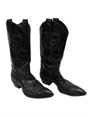 Vintage Larry Mahan Lizard Black with Dark Green Inlay Cowboy Boots